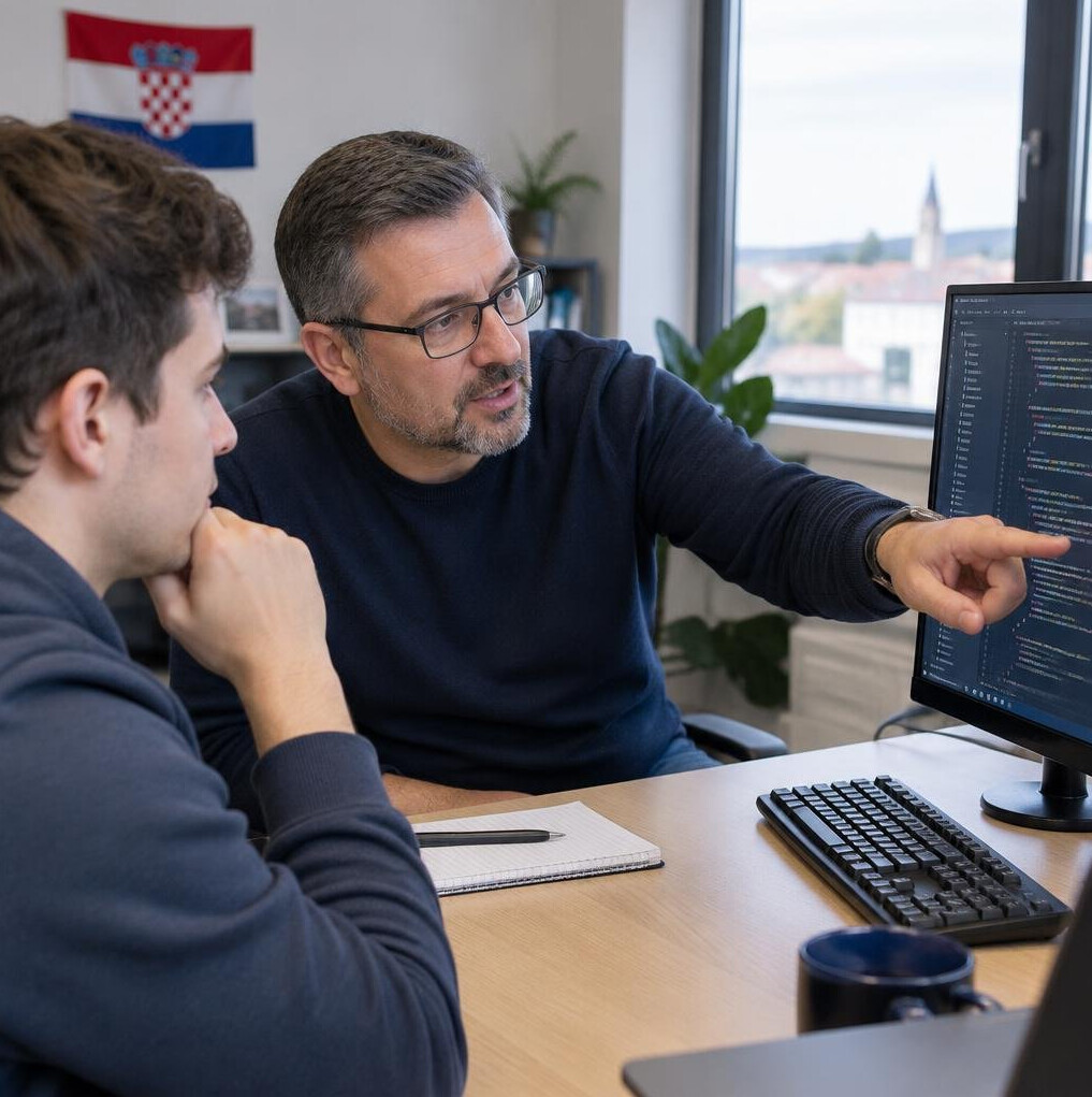 Man explaining code on a screen to a colleague