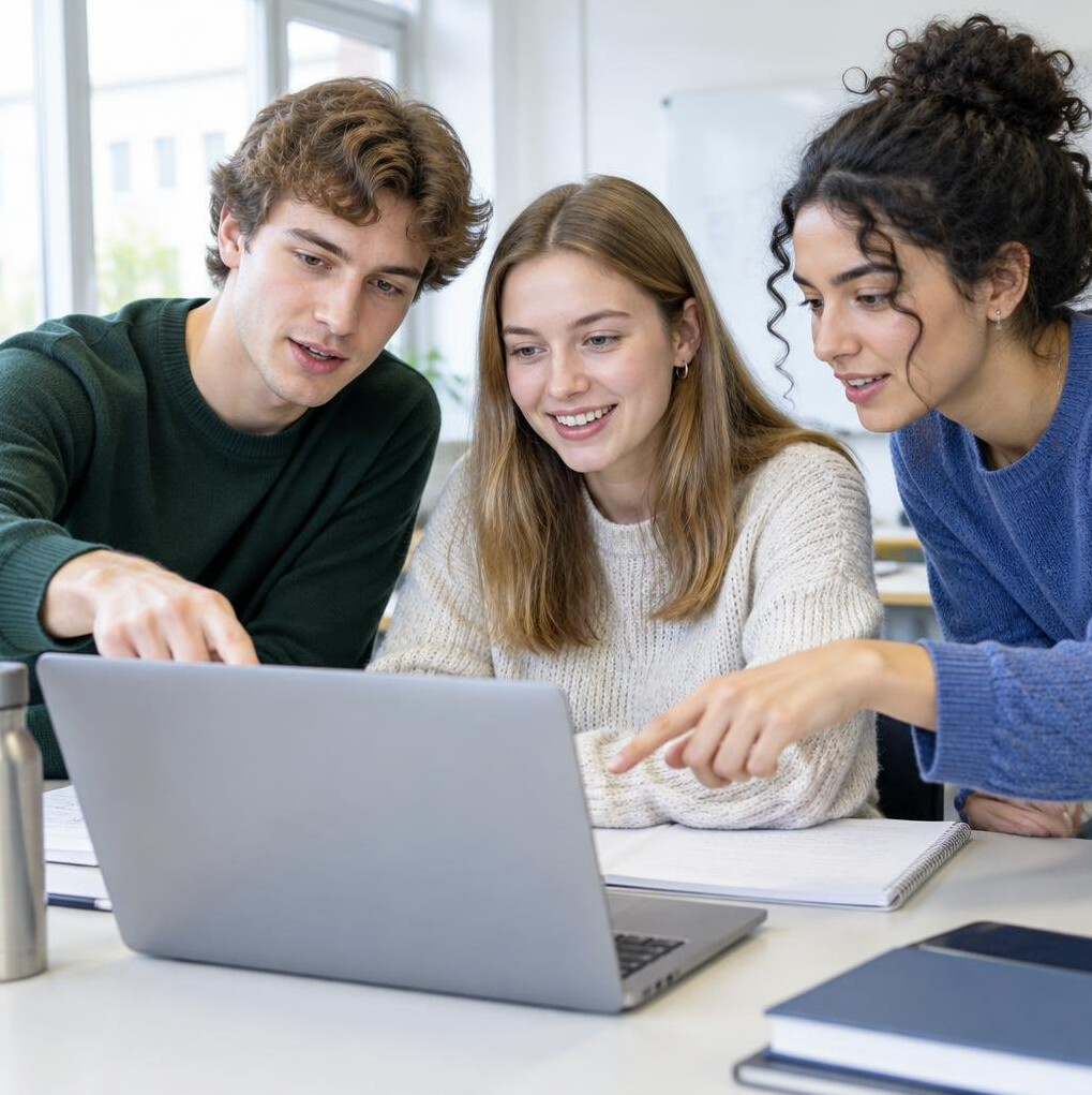 Group of young students collaborating around a laptop