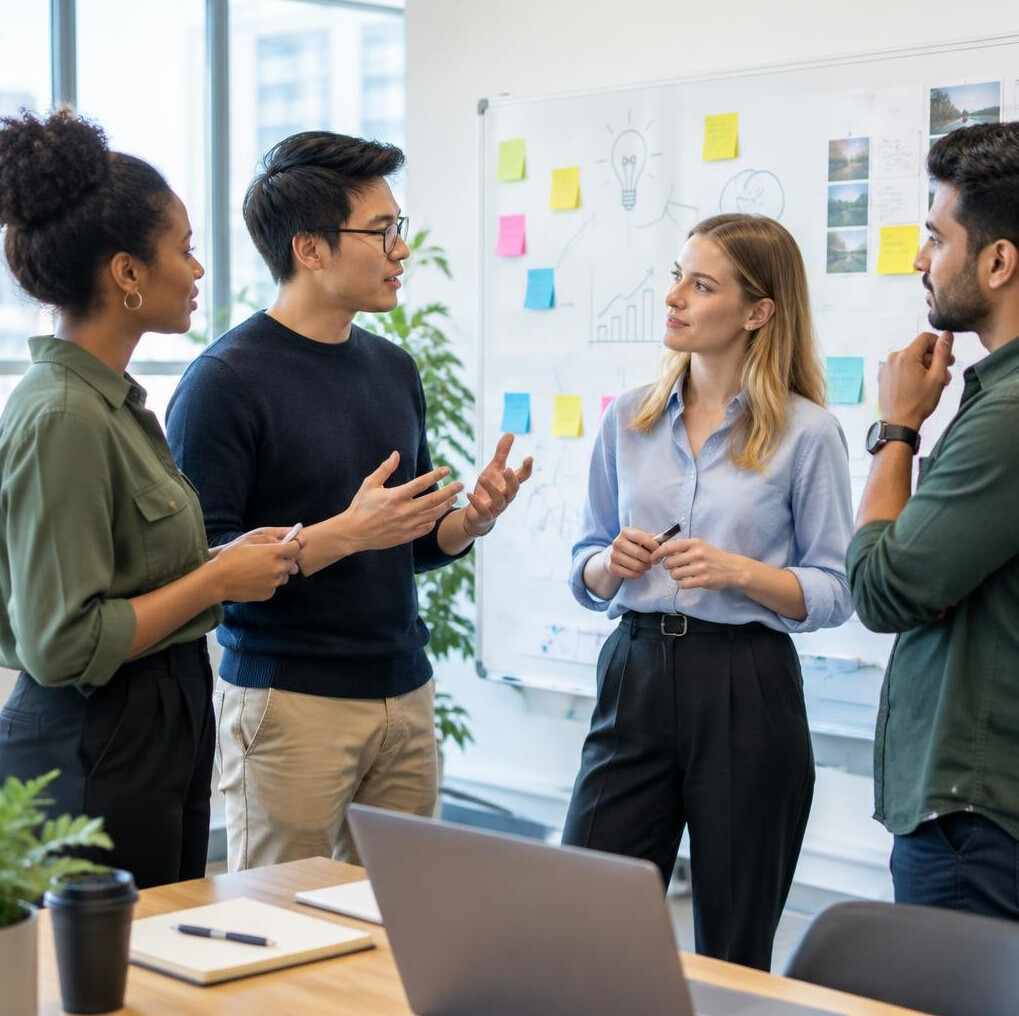 Diverse team brainstorming in front of a whiteboard