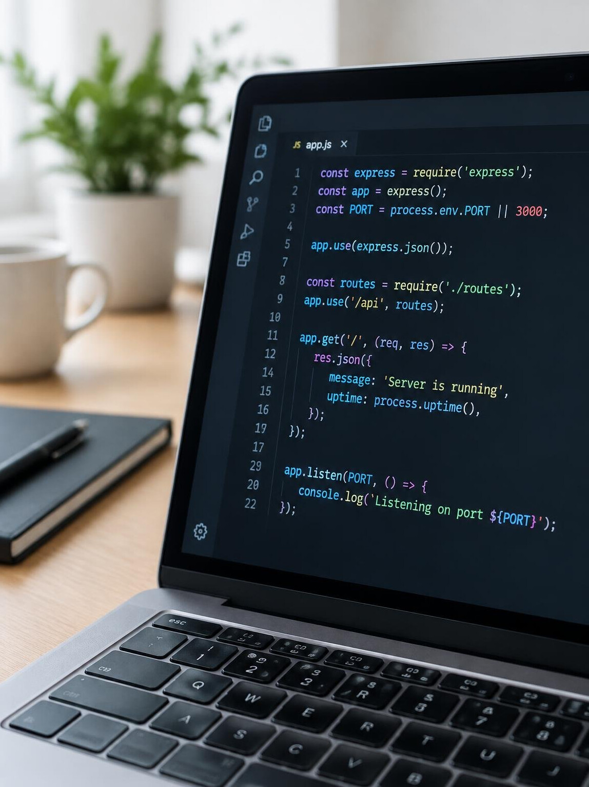 Laptop screen showing colourful programming code in an editor