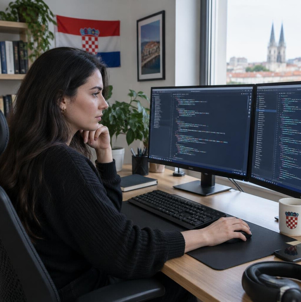 Croatian woman coding at a desk with two monitors