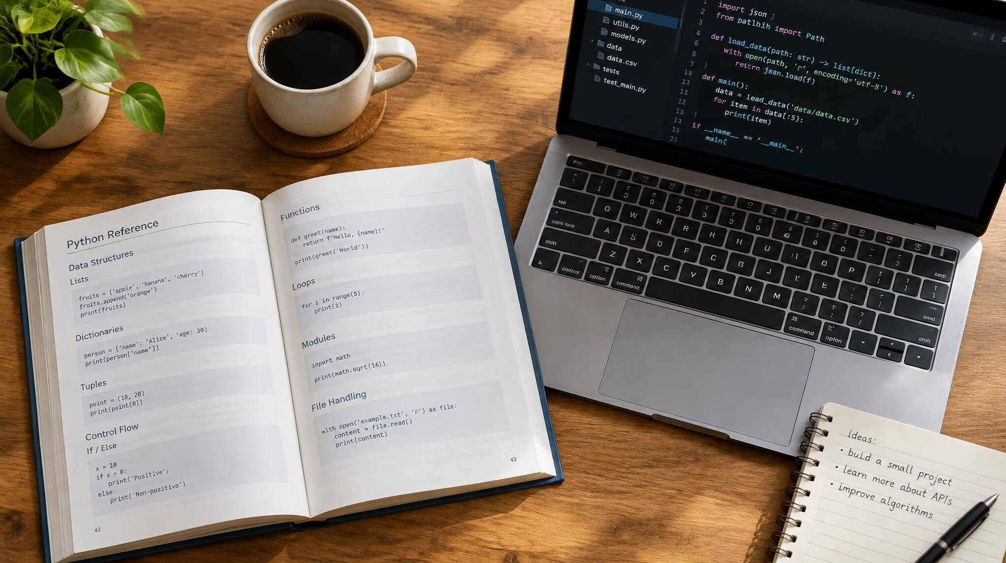 Open programming book next to a laptop with code on the screen